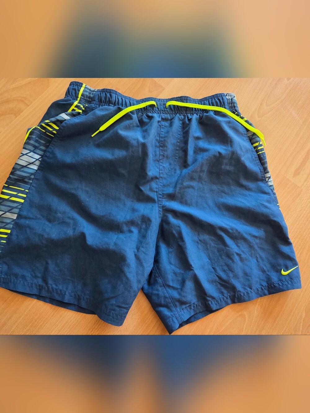 Nike Men's Navy Blue Swim Shorts with Neon Yellow Accents